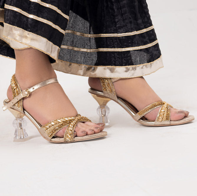 Golden Bridal Fancy Front Karhai Block Heel Sandals