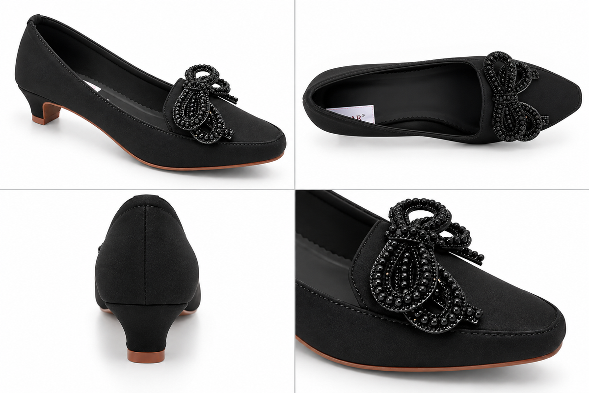 Fancy Beaded Bow Low Heel