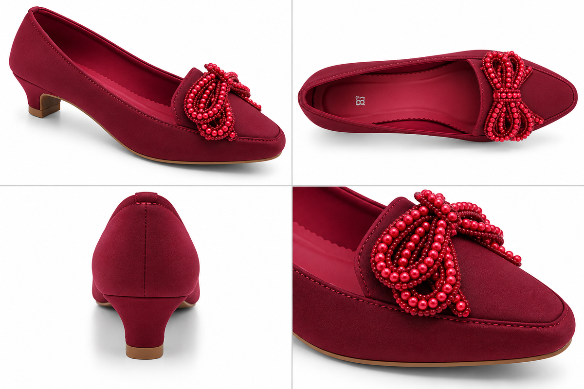 Fancy Beaded Bow Low Heel