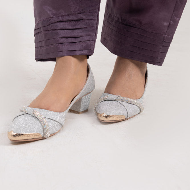 Silver Fancy Block Heel