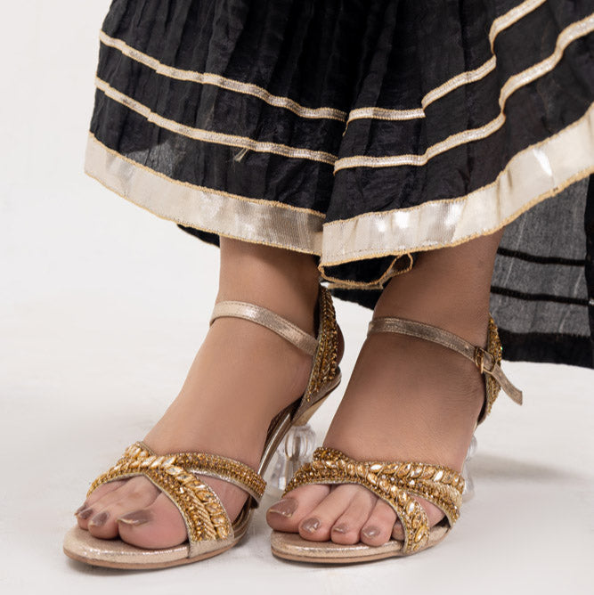 Golden Bridal Fancy Front Karhai Block Heel Sandals