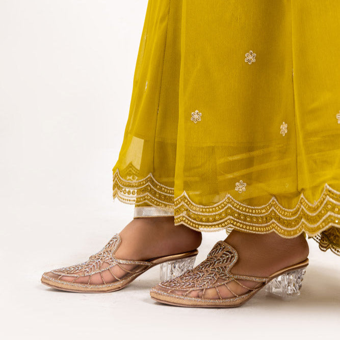 Golden Fancy Block Heels