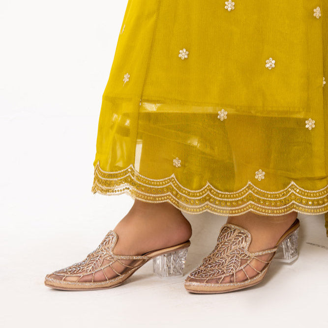 Golden Fancy Block Heels
