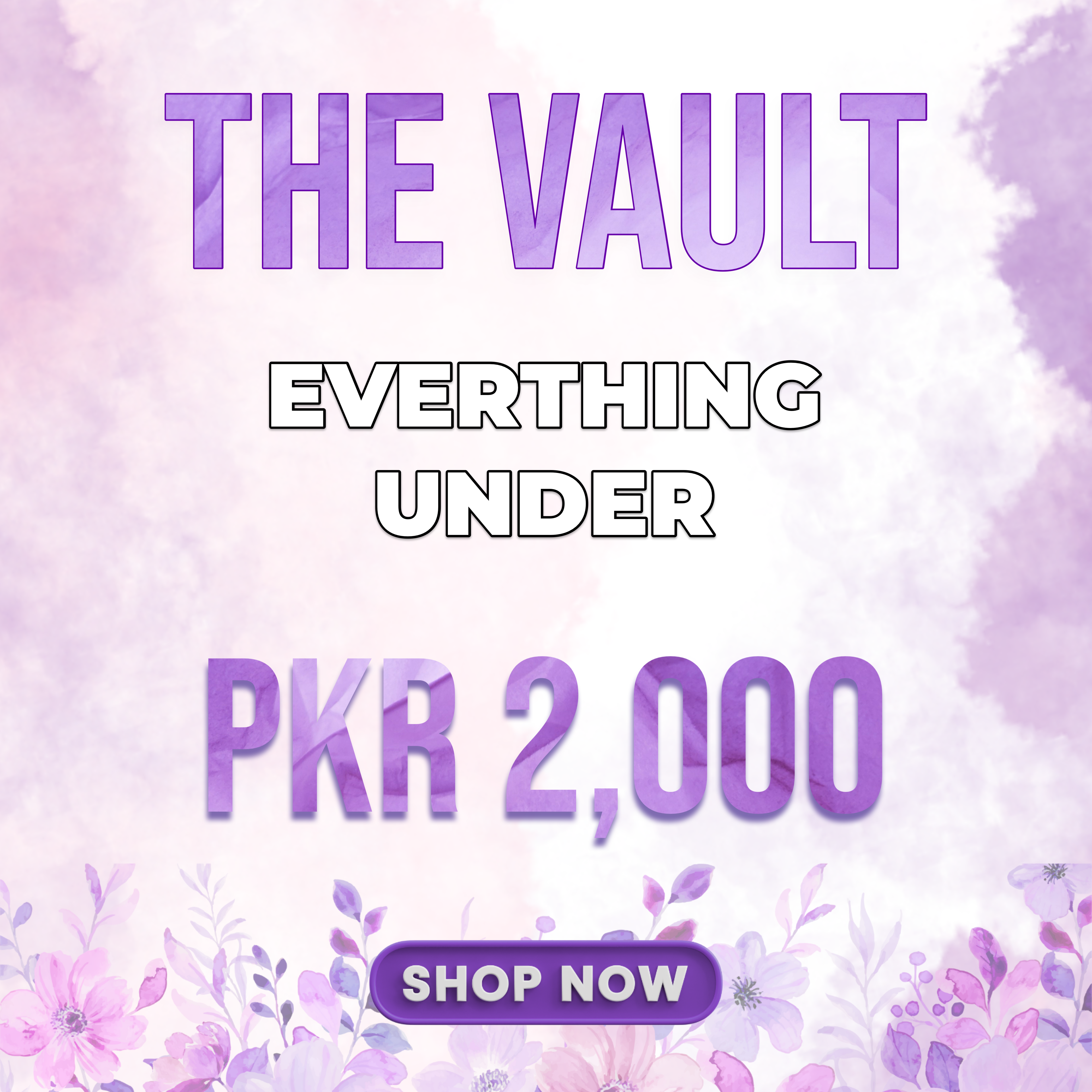 Promotional text for 'The Vault' with a purple and pink gradient background and floral elements.