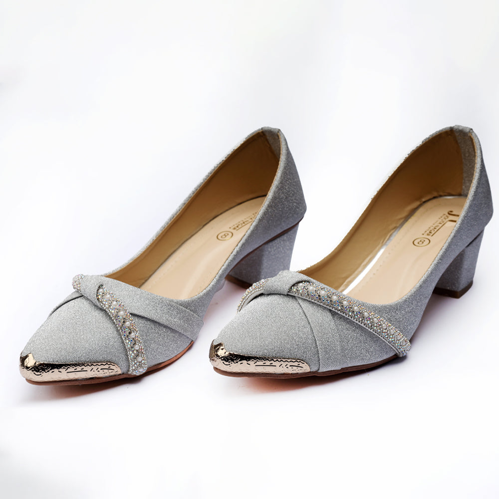 Silver Fancy Block Heel