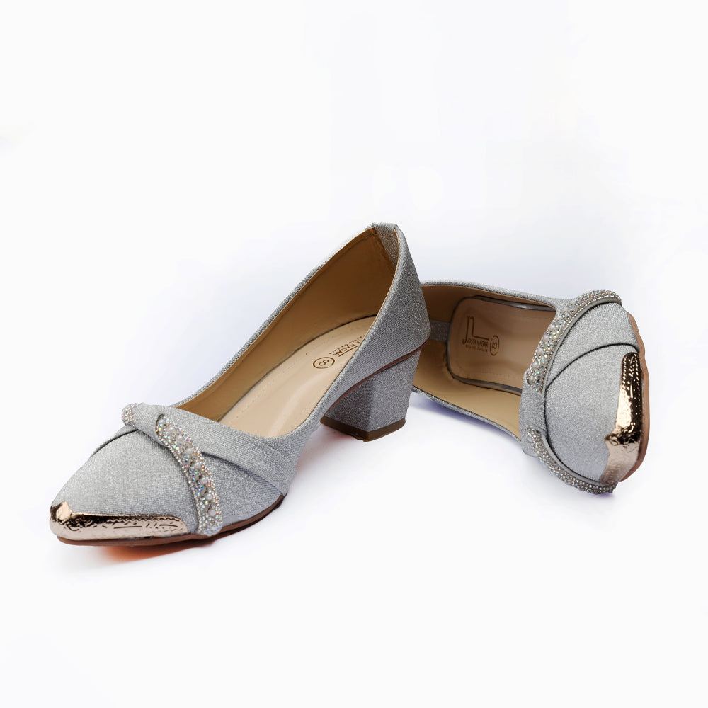 Silver Fancy Block Heel