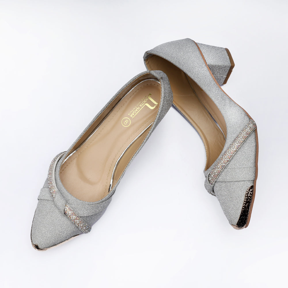 Silver Fancy Block Heel
