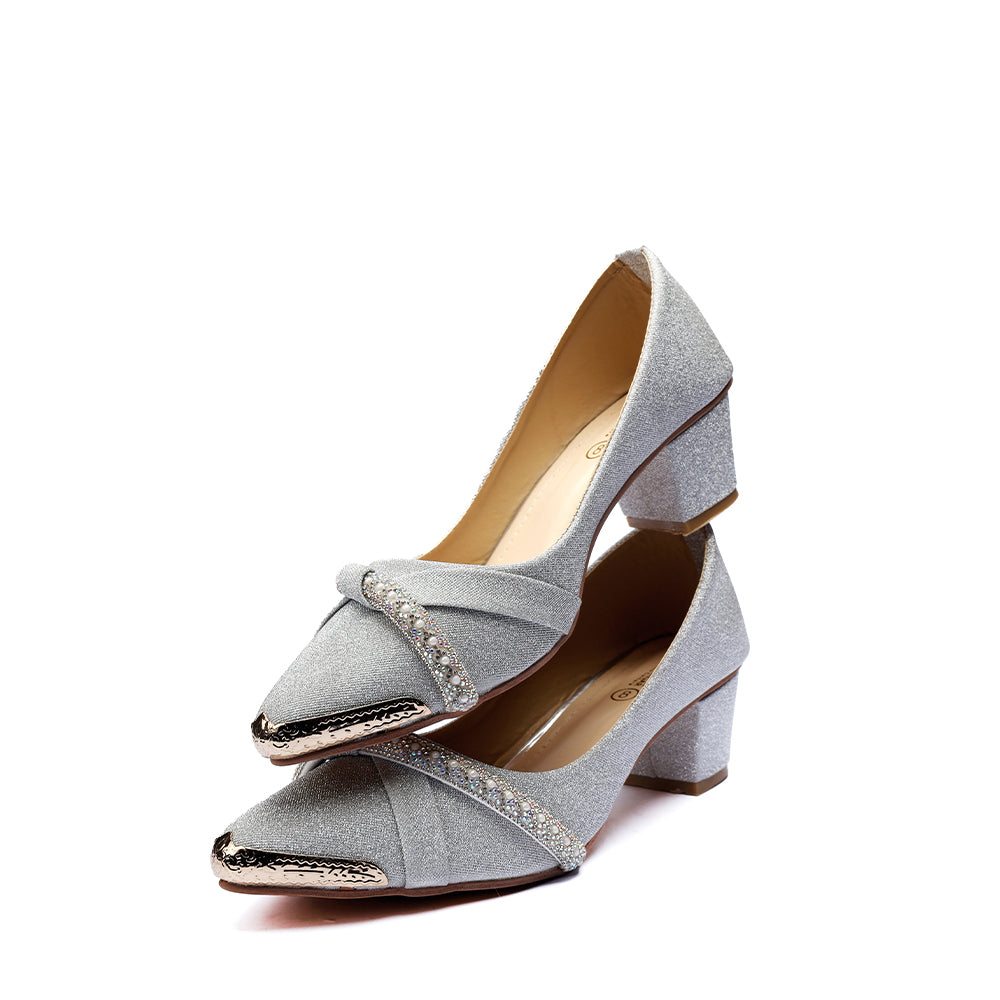 Silver Fancy Block Heel