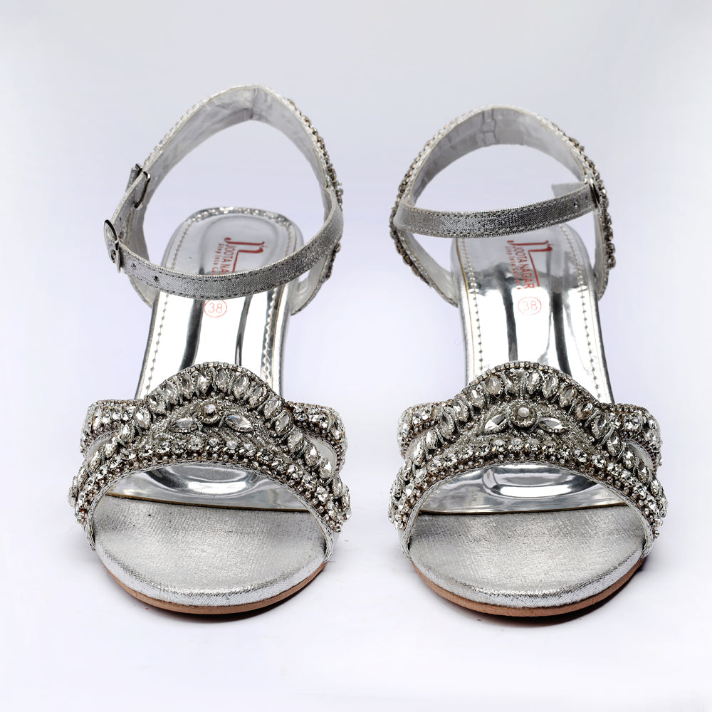 Silver Bridal Fancy Front Karhai Block Heel Sandals