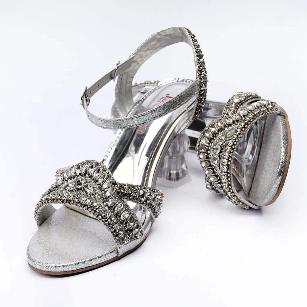 Silver Bridal Fancy Front Karhai Block Heel Sandals