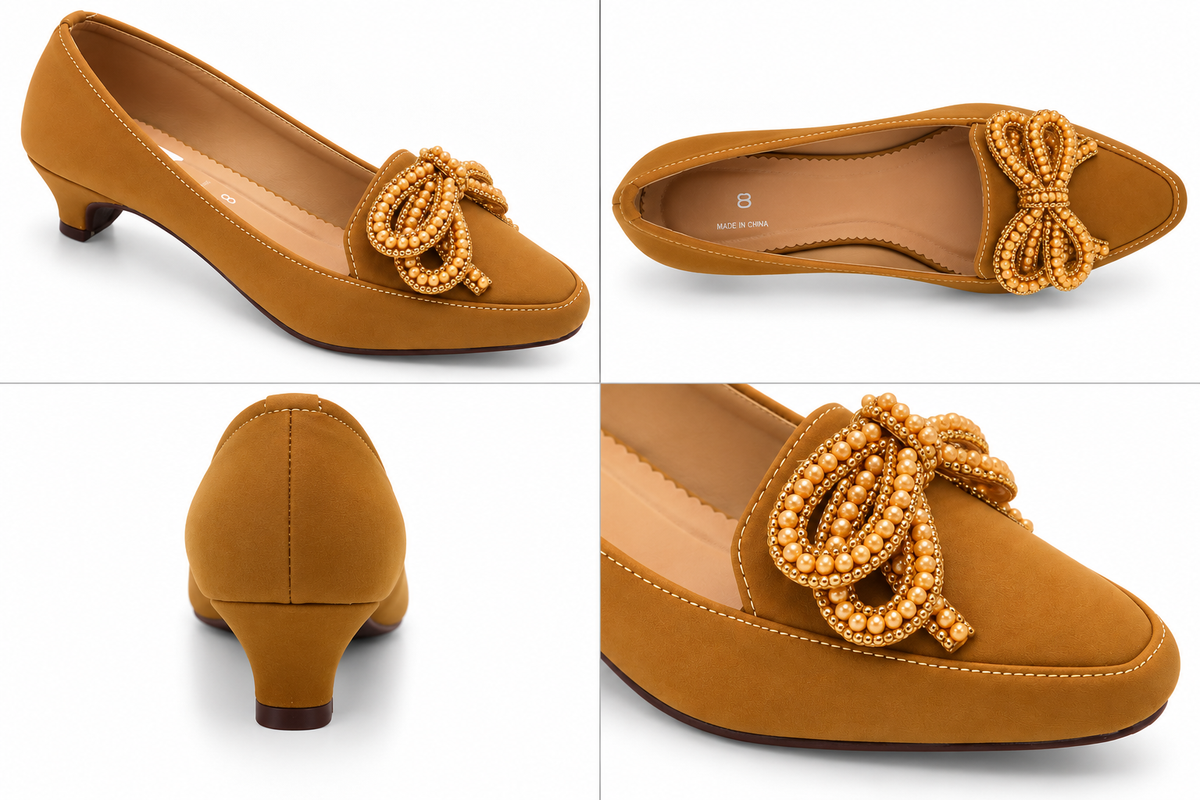 Fancy Beaded Bow Low Heel