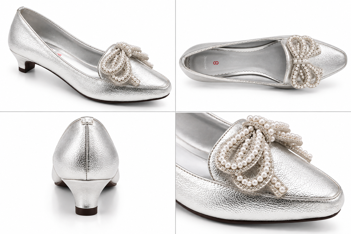 Fancy Beaded Bow Low Heel
